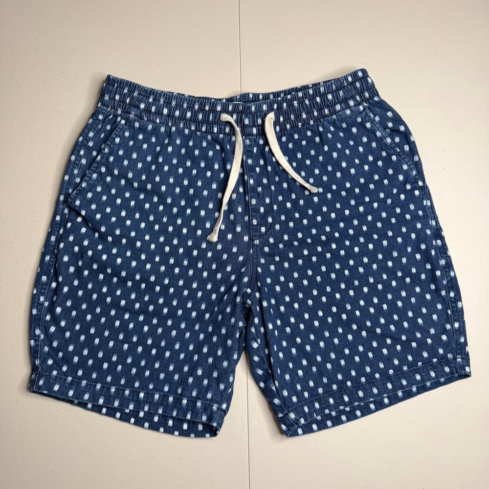 Old Navy Mens Medium Blue Ikat Dot Print Drawstring Shorts Indigo Cotton Stretch